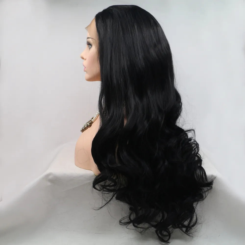 Wavy synthetic wig side view