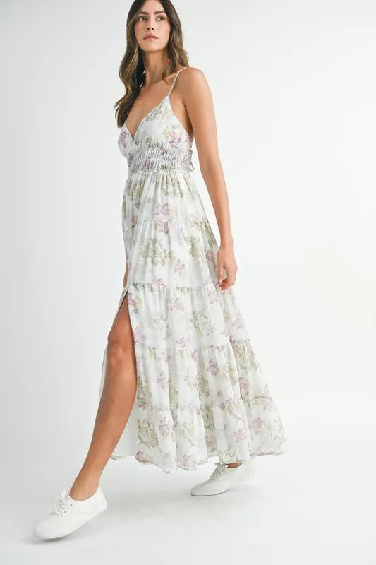 green floral tiered cami maxi dress full length view