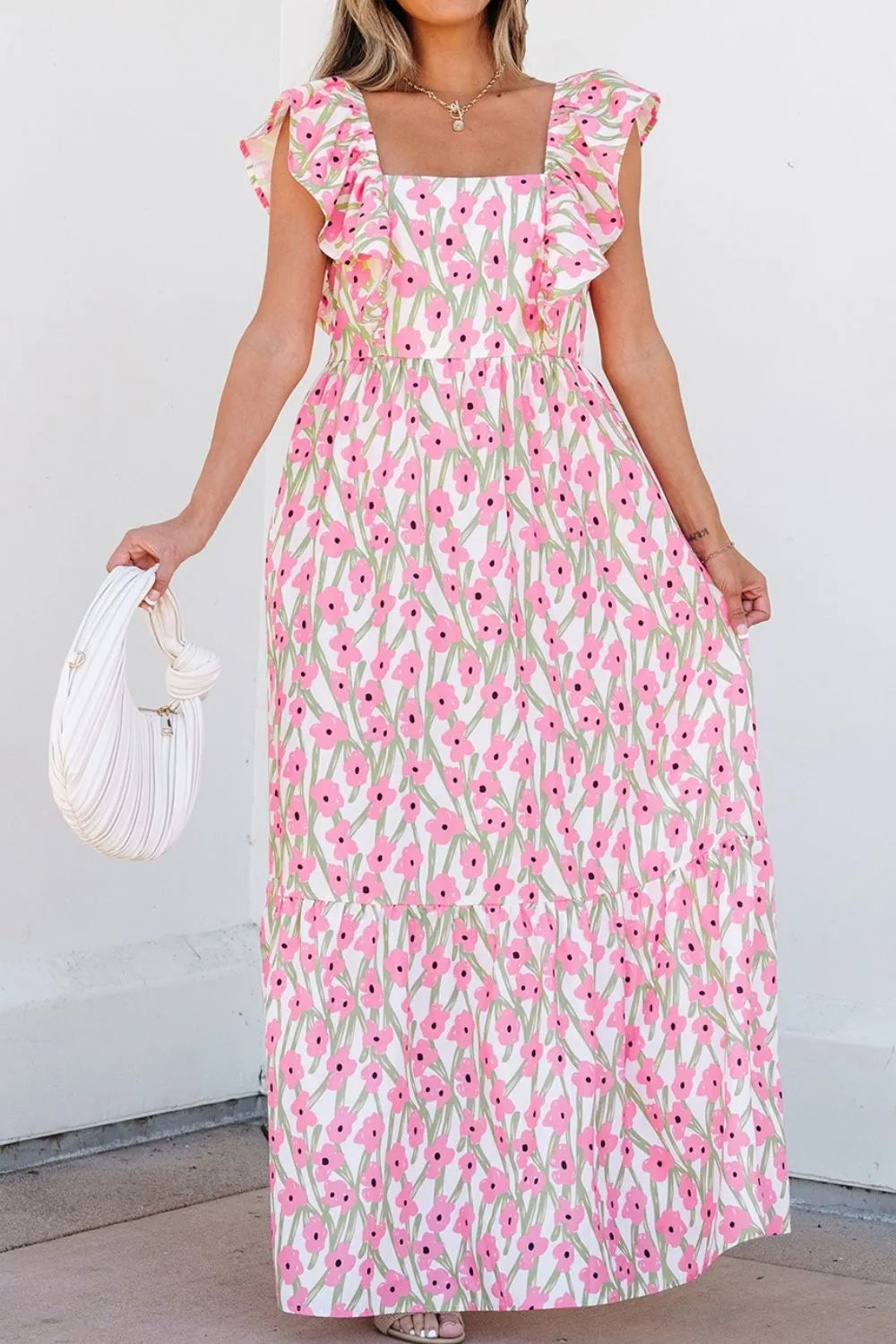Blush pink floral square neck cap sleeve maxi dress, bodice and neckline detail