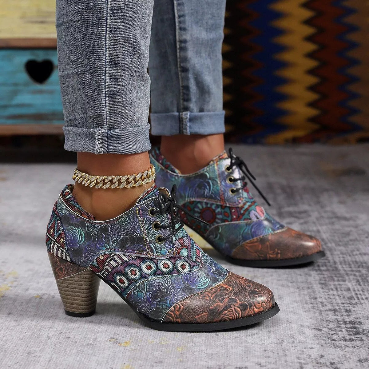 Lace up block heel ankle boots full length view