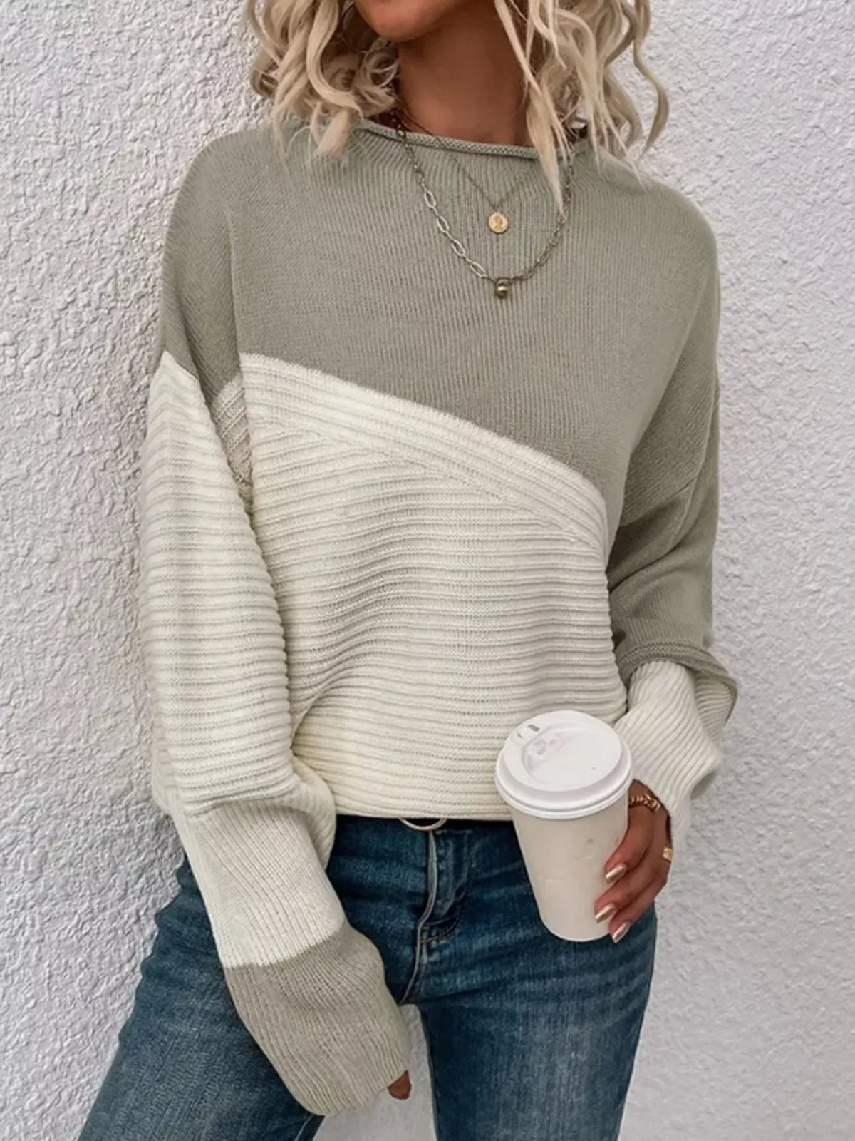 Color Block Ribbed Knit Sweater front view