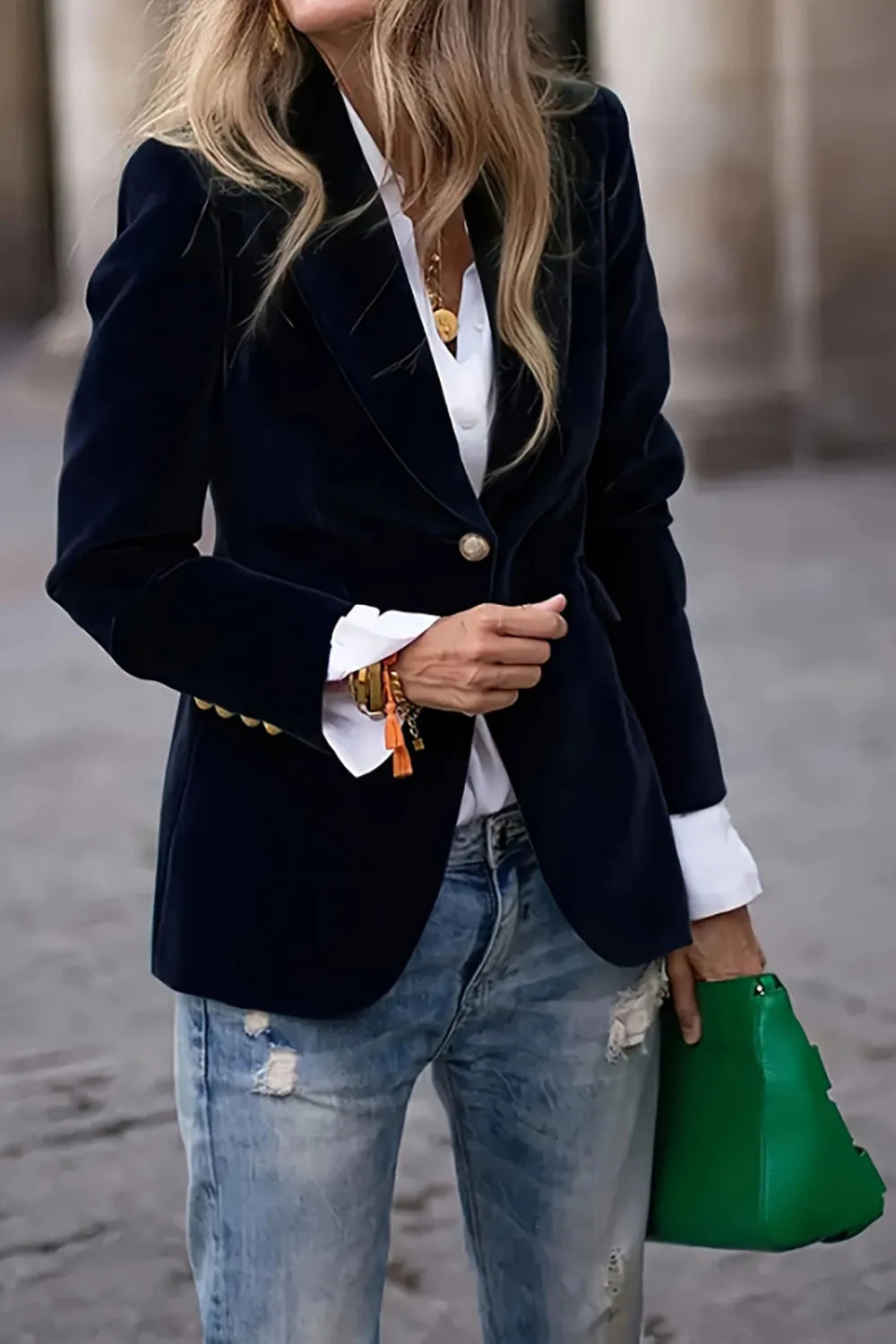 One Button Lapel Collar Long Sleeve Blazer Black - Fashorio