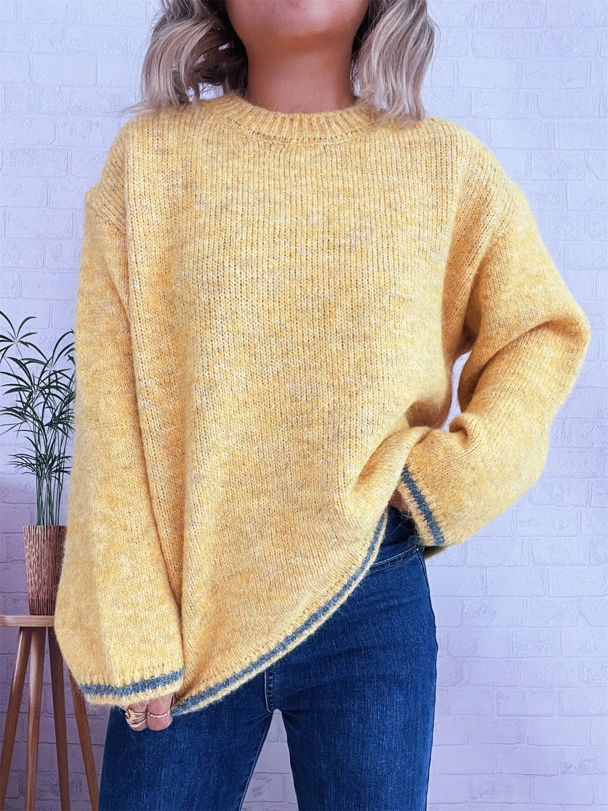 Contrast trim round neck oversized sweater styled look