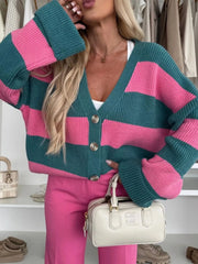 Color Block Striped V-Neck Button Front Cardigan - Fashorio
