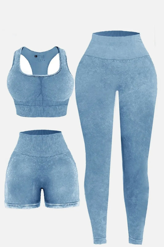 3 Piece Washed Square Neck Wide Strap Active Set Light Blue - Fashorio