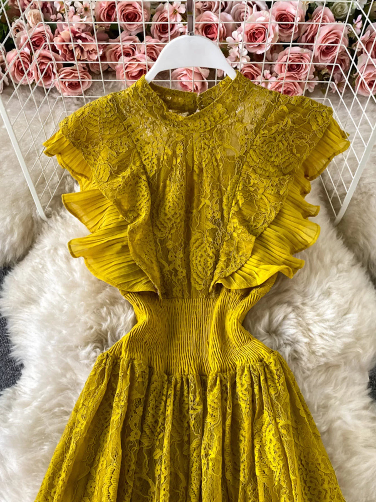 Ruffled mock neck lace maxi dress, detail of neckline