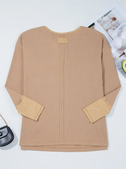 Waffle Textured Tunic Henley Top with Slits - Fashorio