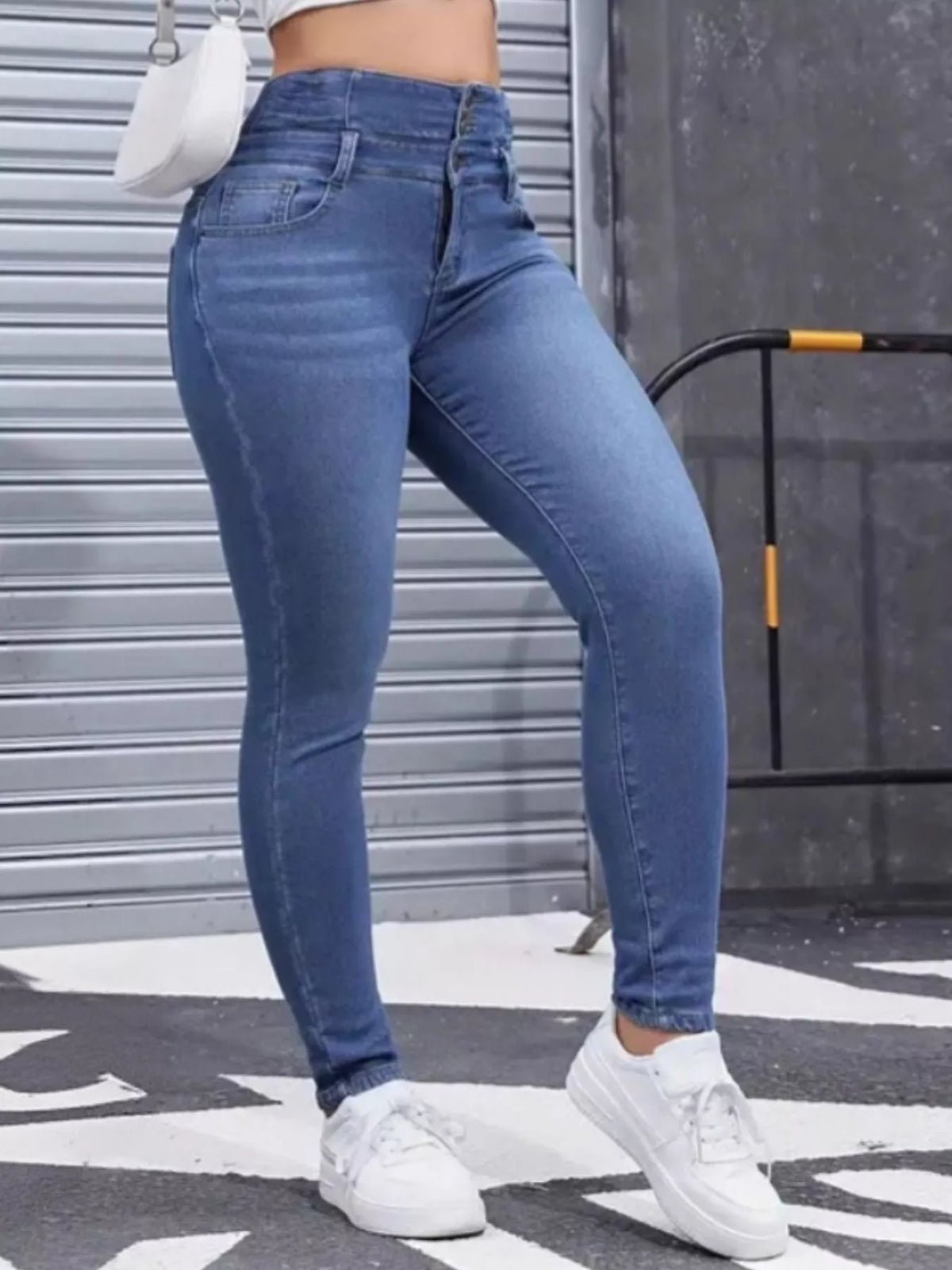 High waisted slim fit fleece lined jeans front view