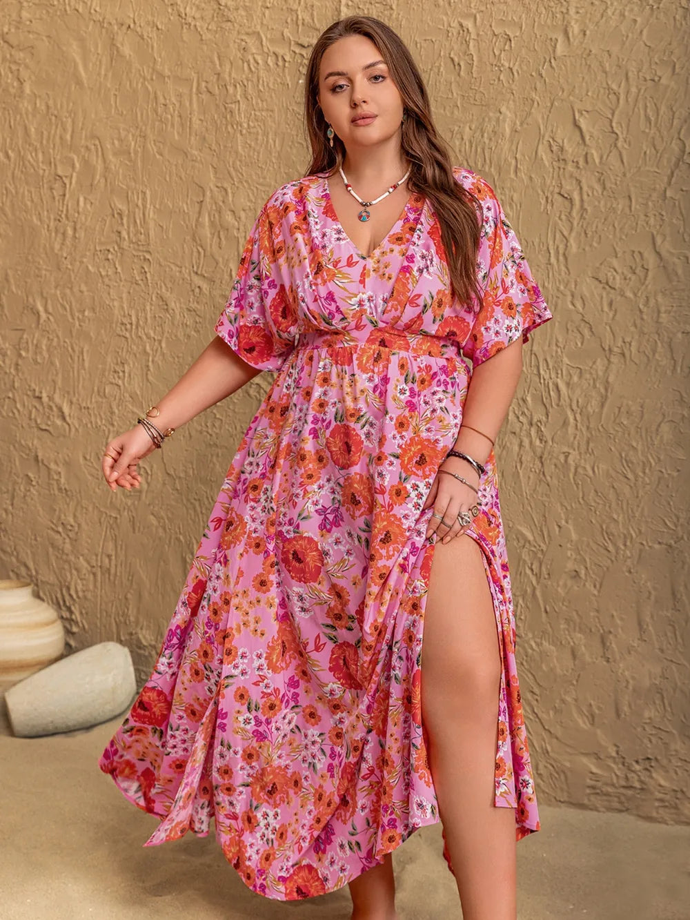 fuchsia plus size floral v neck half sleeve maxi dress close up