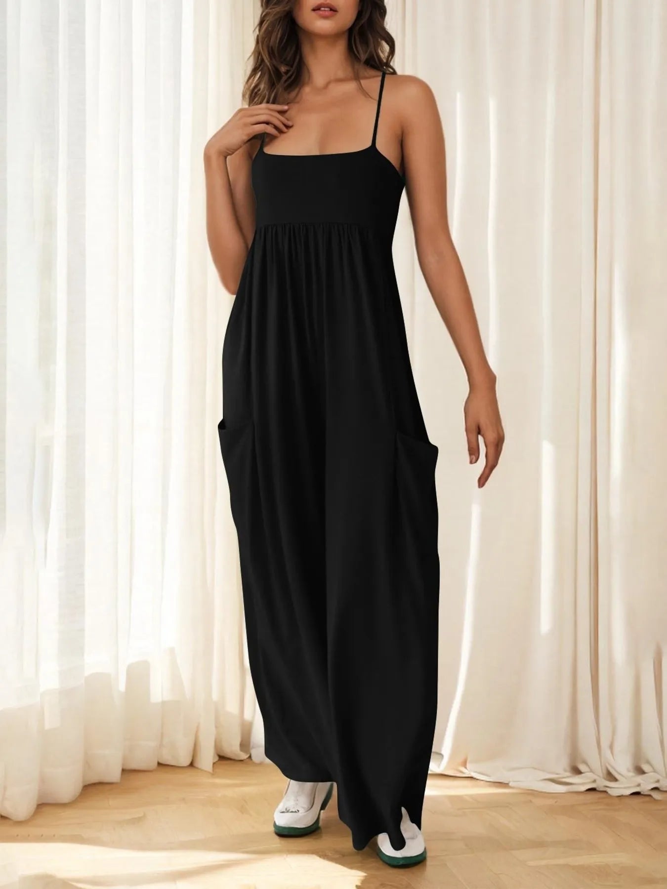 Spaghetti Strap Wide Leg Jumpsuit Black - Fashorio