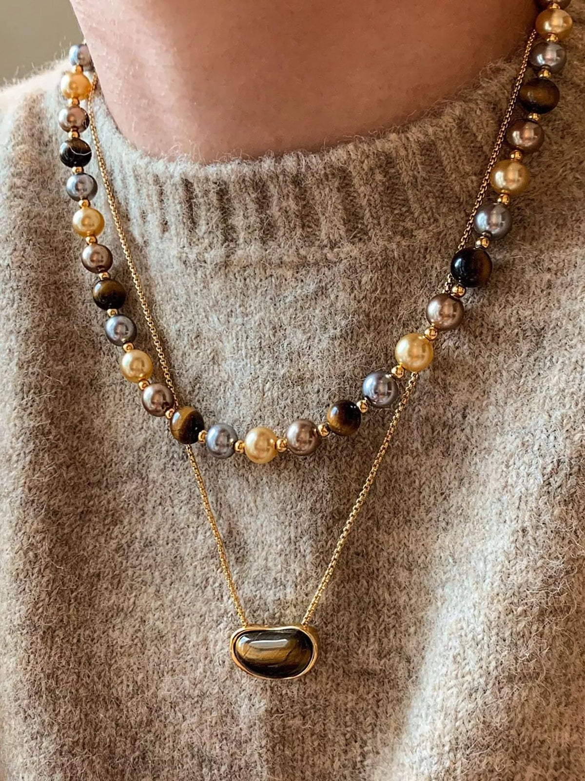 Camel tiger eye pearl necklace on model