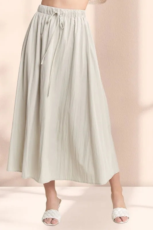 ADORA Drawstring Waist Crinkle Maxi Skirt KHAKI - Fashorio
