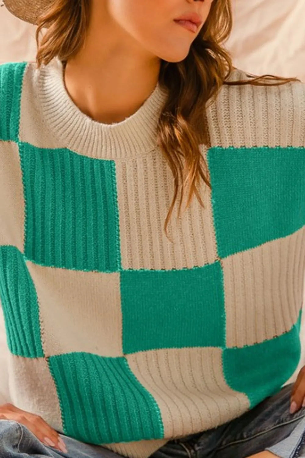 Check Plaid Casual Sweater Top in Jade back view