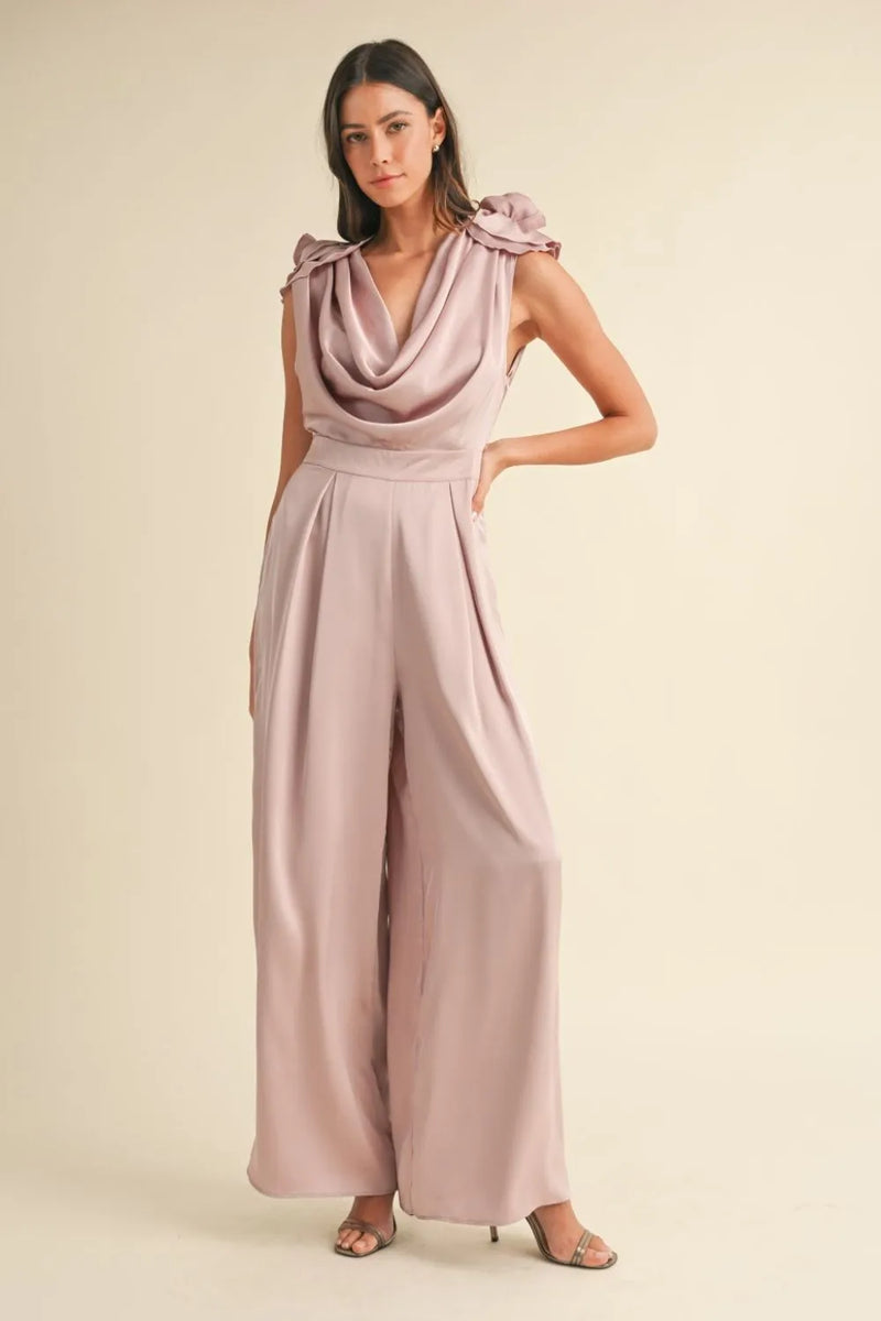 3d Floral Applique Deep Cowl Neck Jumpsuit
