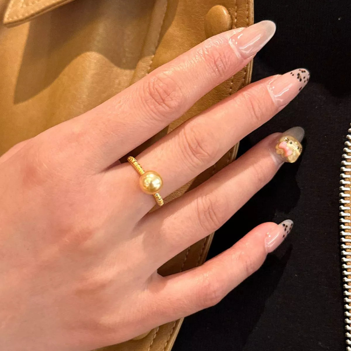 18K gold plated synthetic pearl ring, front view