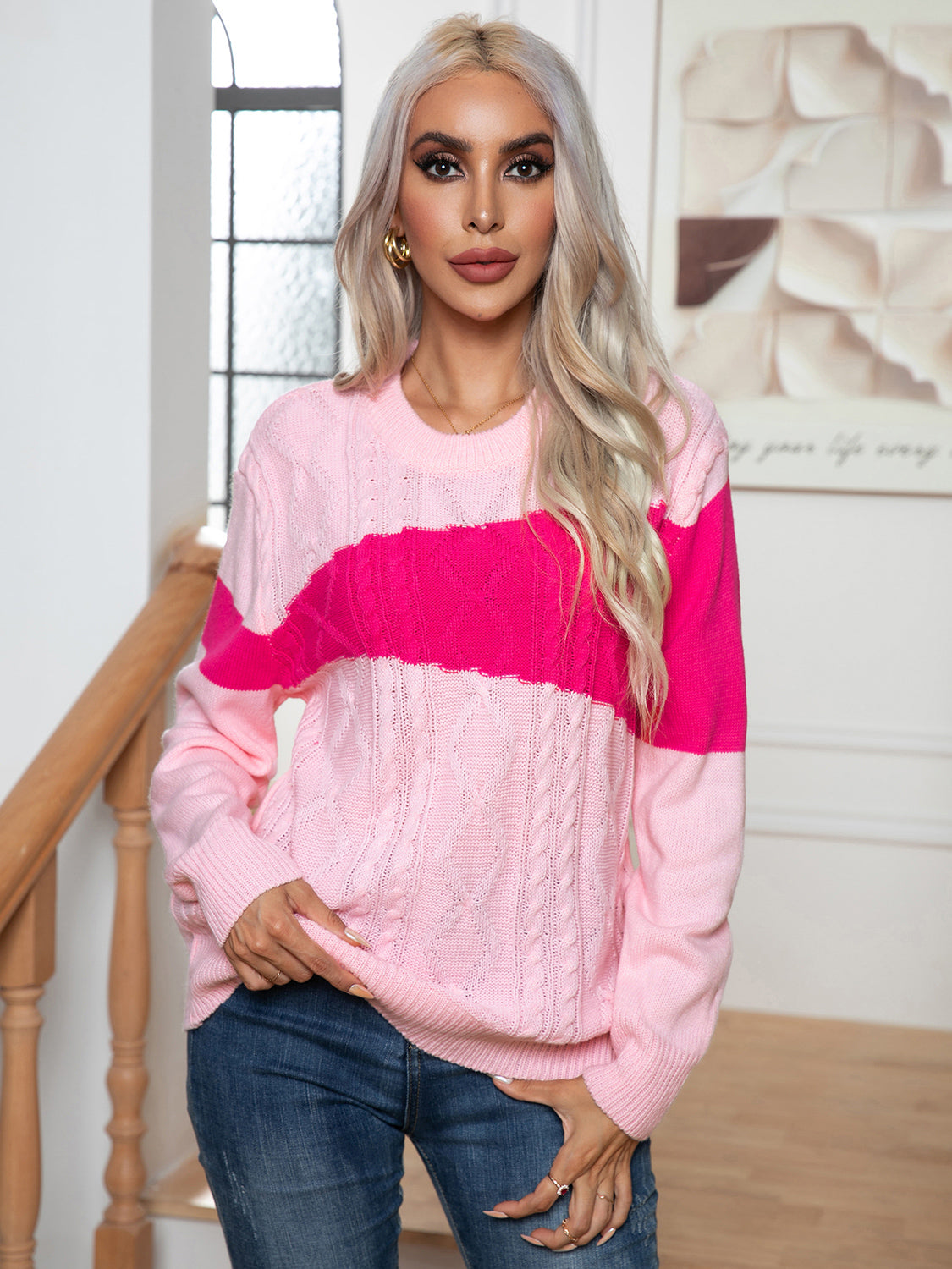 Color Block Cable-Knit Round Neck Sweater Blush Pink - Fashorio