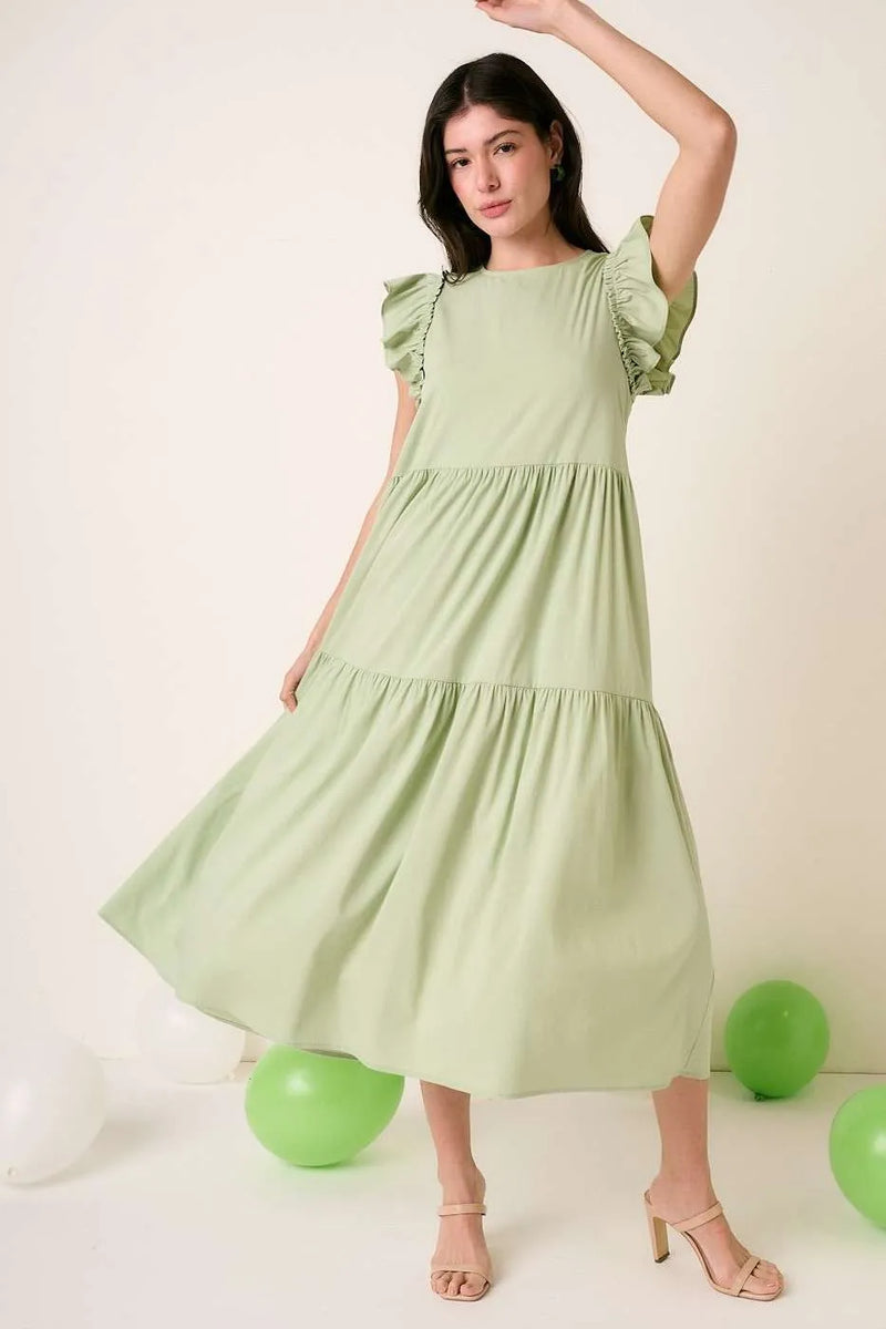 Mittoshop ruffle short sleeve tiered maxi dress in sage front view