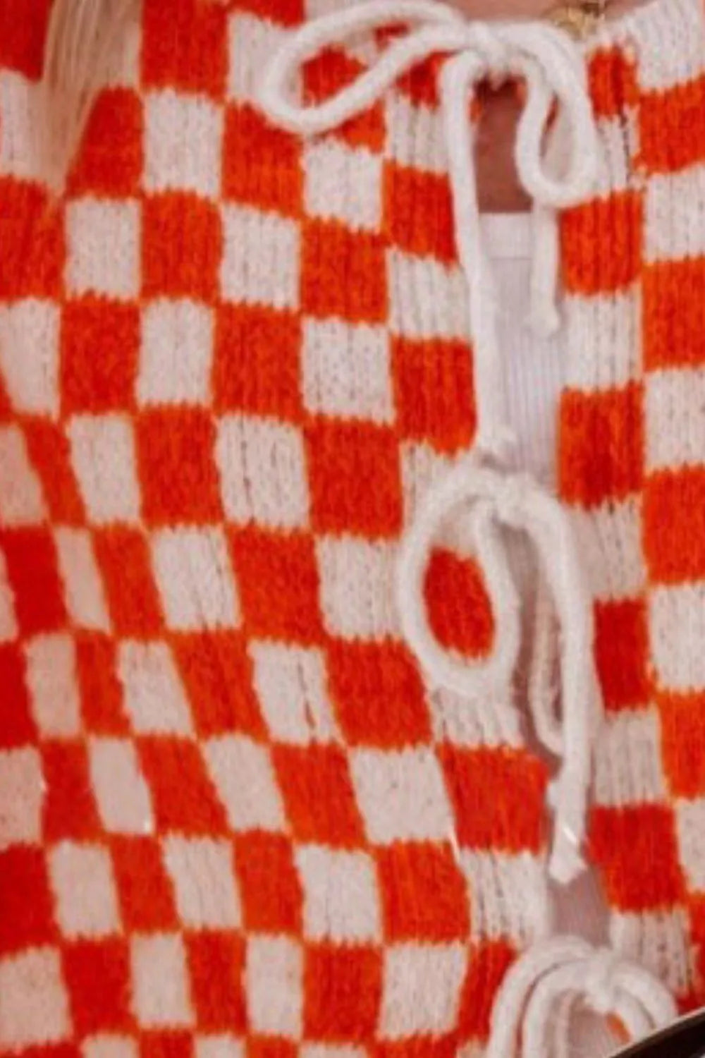 Double Take Tied Checkered Dropped Shoulder Flounce Sleeve Cardigan - Fashorio