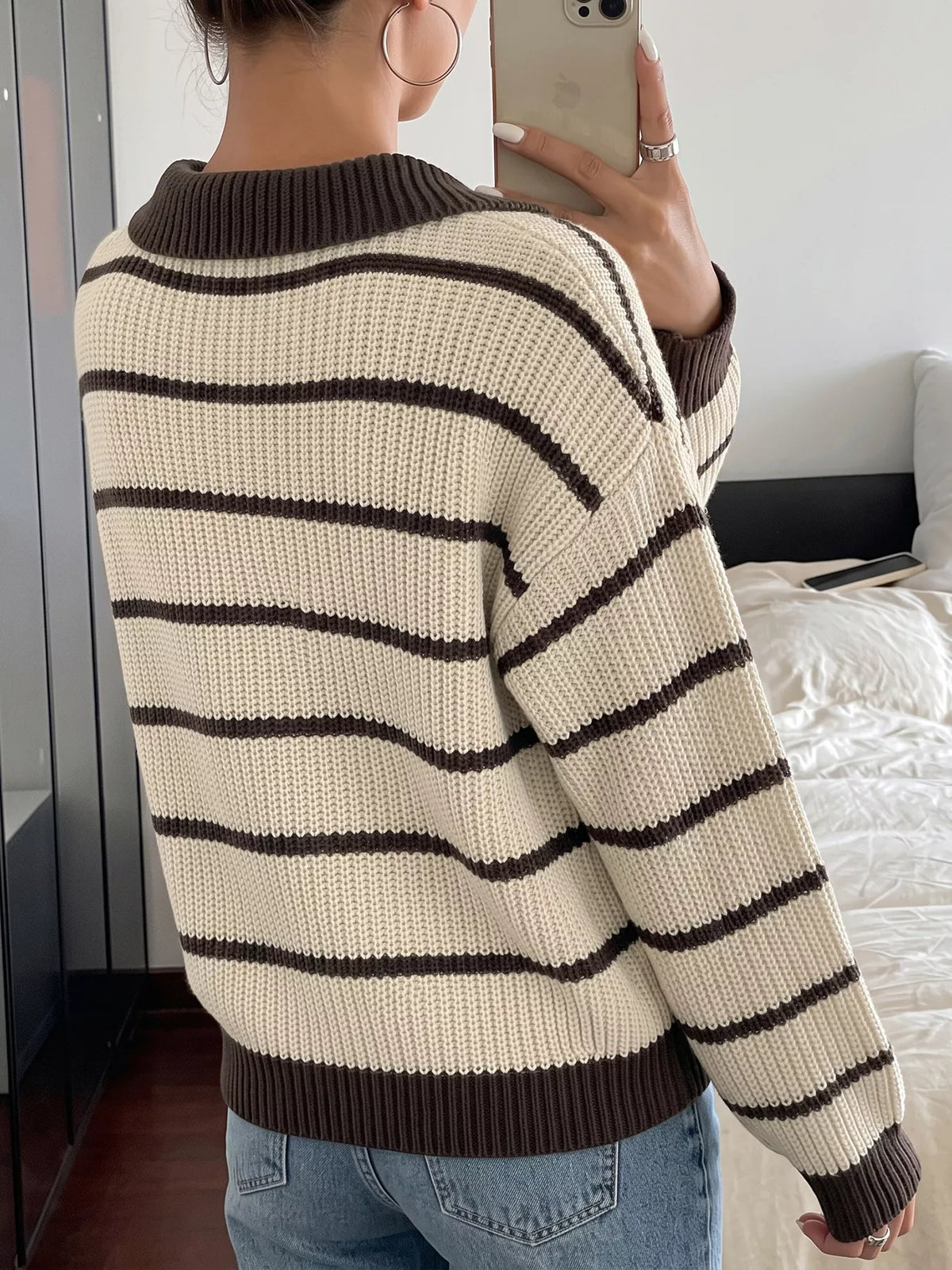 Striped Knit Polo Sweater on model