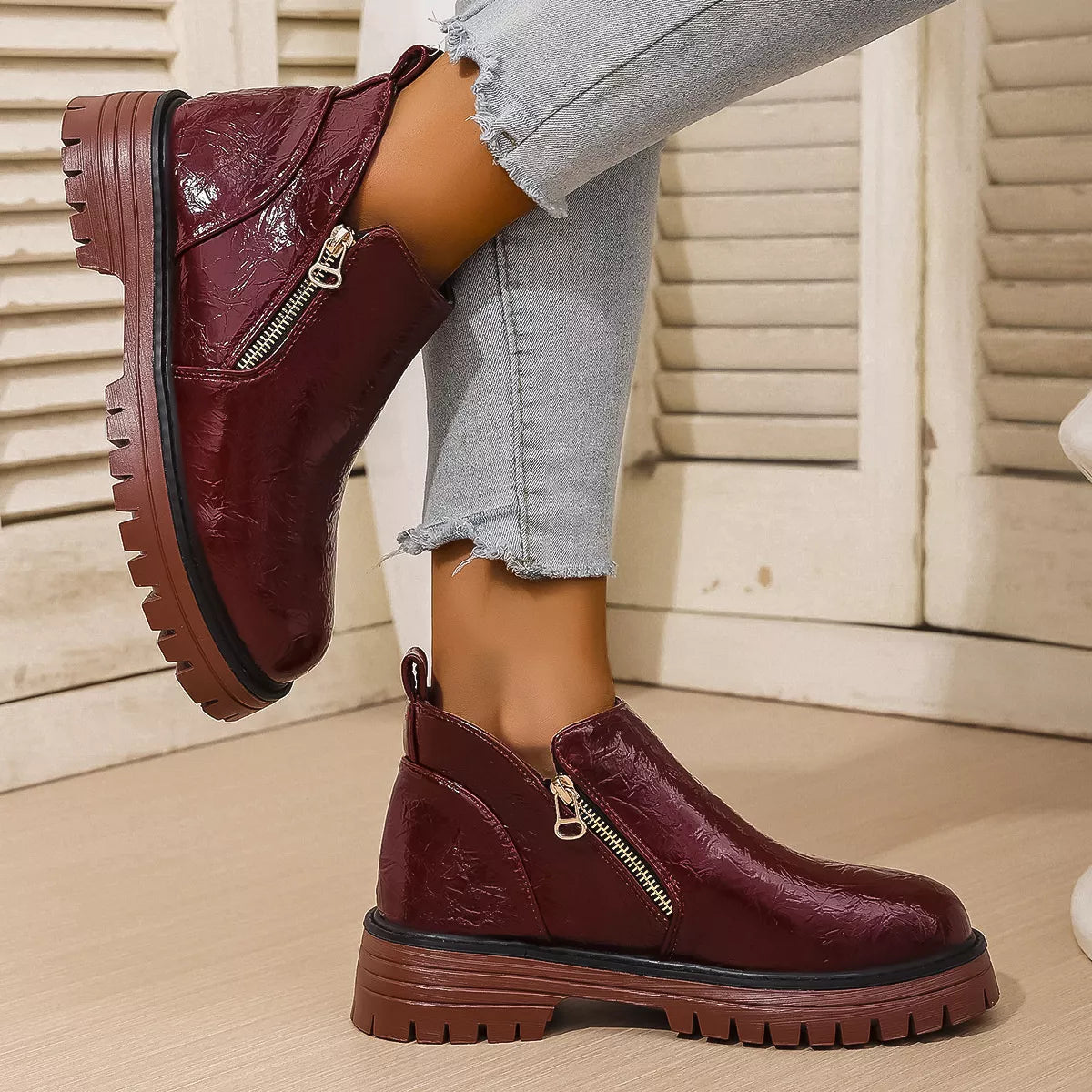 black round toe block heel boots three quarter view