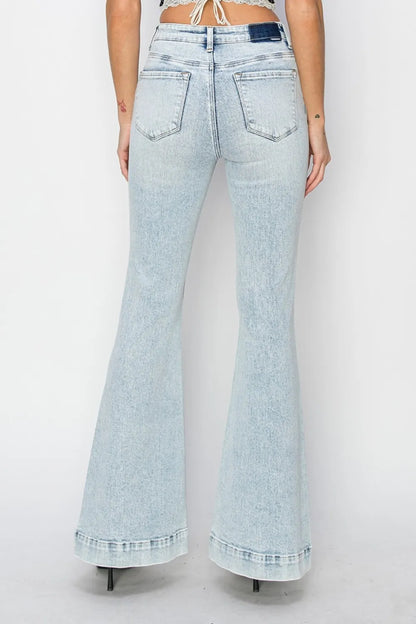 Risen Full Size High Rise Front Patch Pocket Flare Jeans - Fashorio