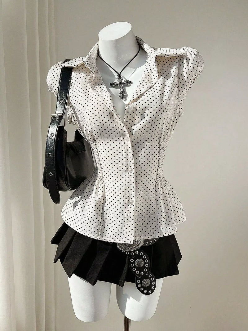 Polka dot cap sleeve blouse in apricot, front view