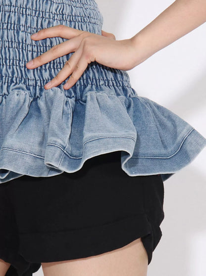 Smocked Ruffled Hem Denim Tube Top - Fashorio