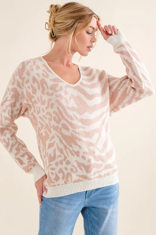 Leopard and Zebra Print Sweater Top in Pale Pink detail