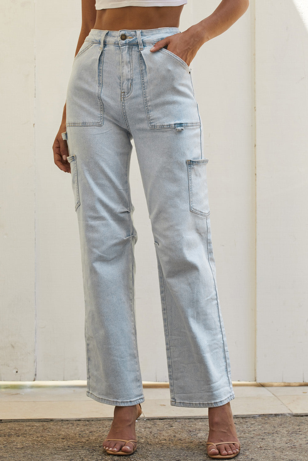 Sky blue multi pocket baggy denim jeans front view