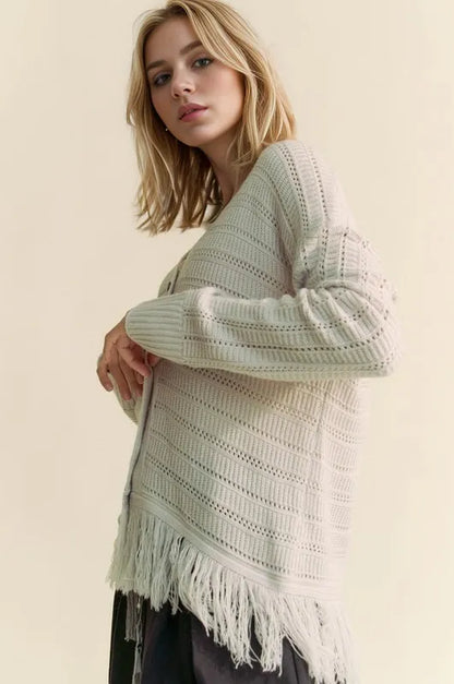 Davi & Dani Fringe V-Neck Button Up Long Sleeve Cardigan - Fashorio