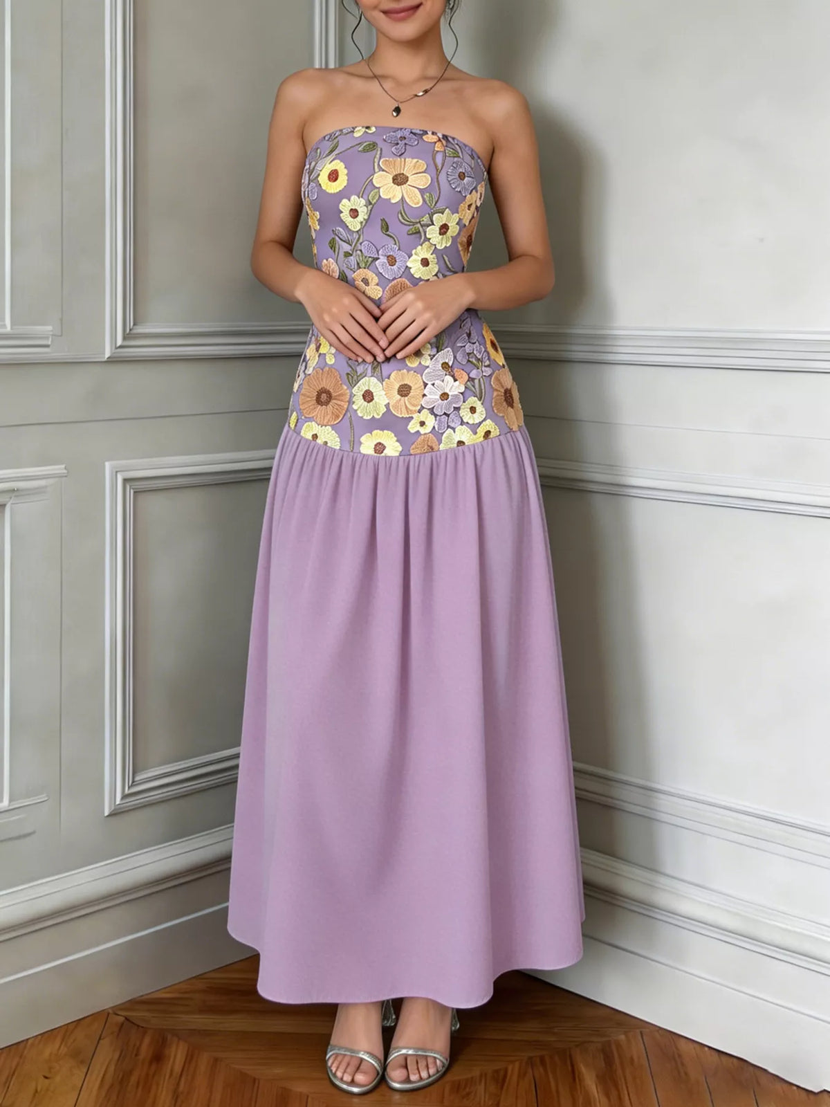 Floral embroidered strapless tube maxi dress styled outfit view