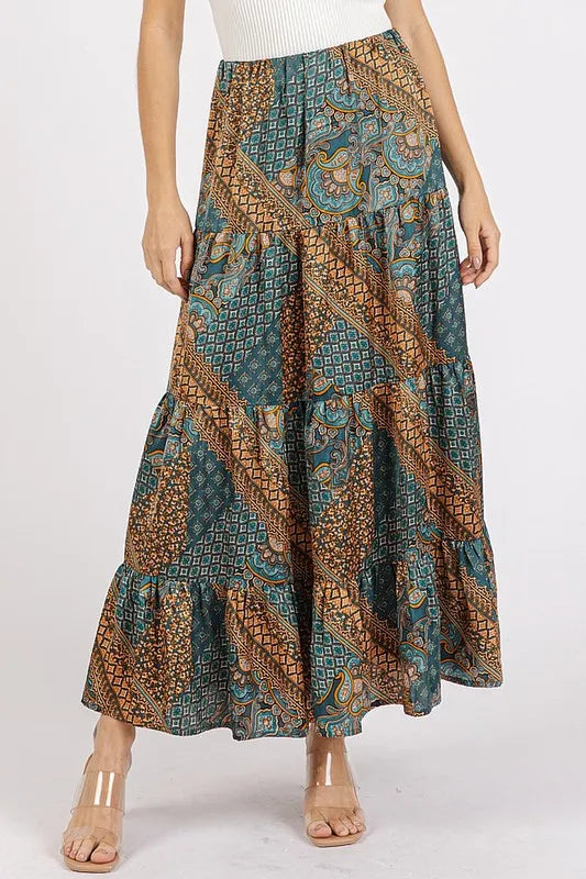Teal paisley print satin tiered maxi skirt front view