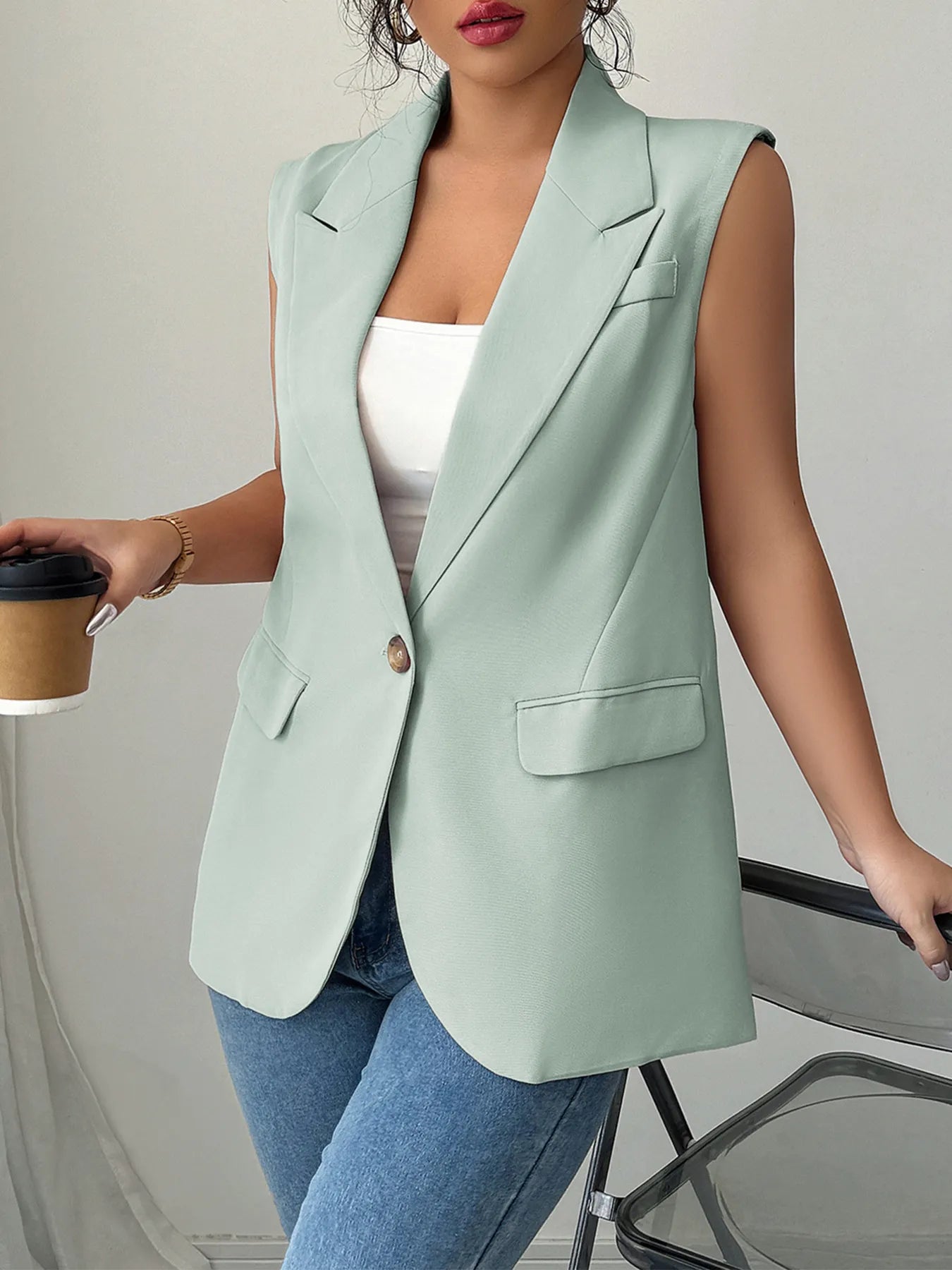 One Button V-Neck Blazer Vest Coat - Fashorio