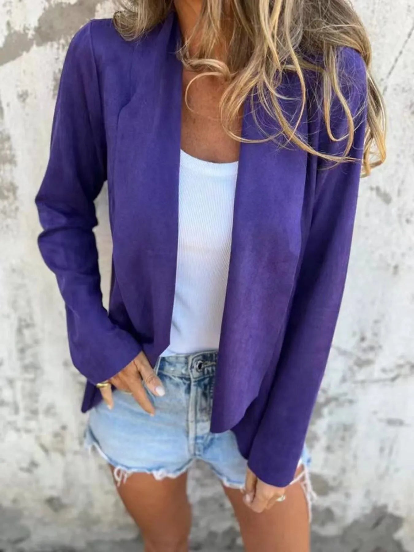 Full Size Open Front Casual Cardigan Plus Size Dark Purple - Fashorio