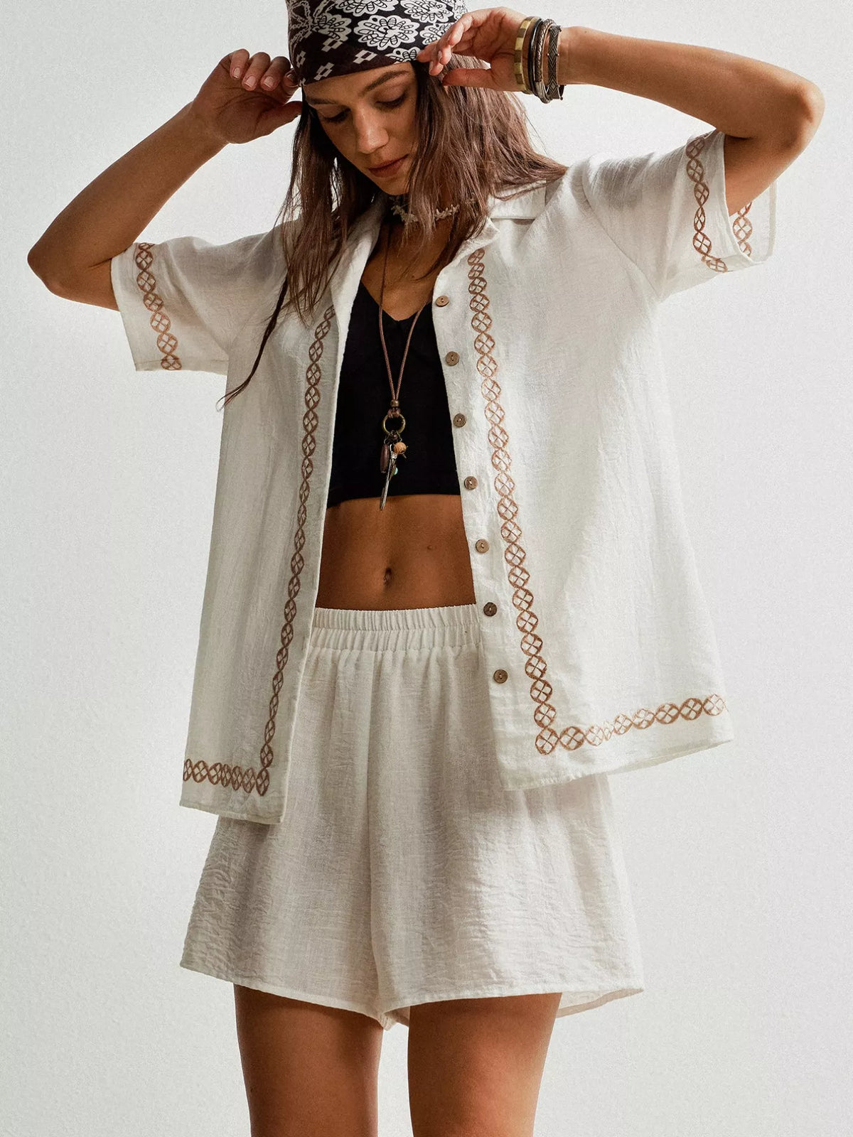 Matching white shirt and shorts set styled full outfit