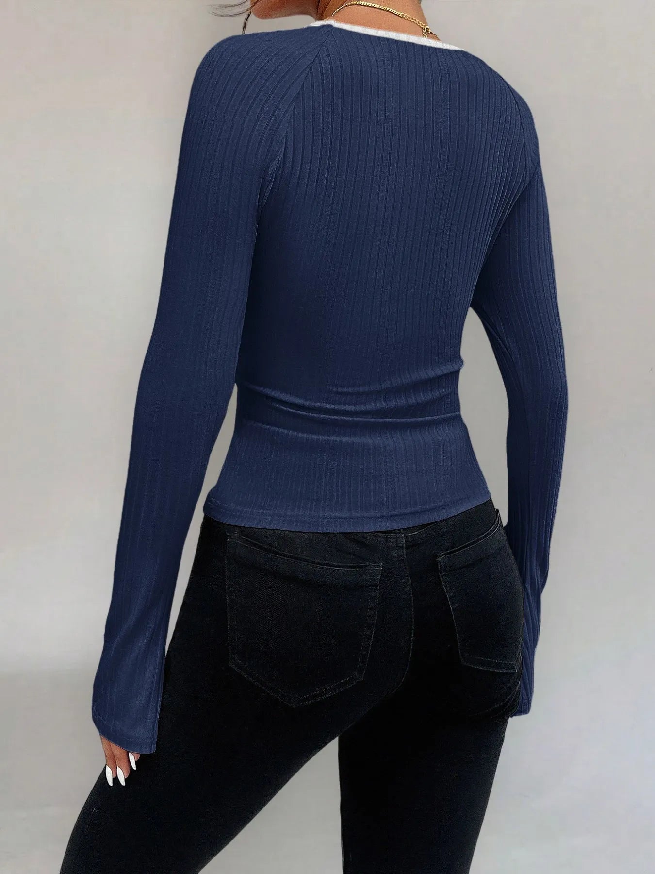 Ribbed Long Sleeve Fitted T-Shirt - Fashorio