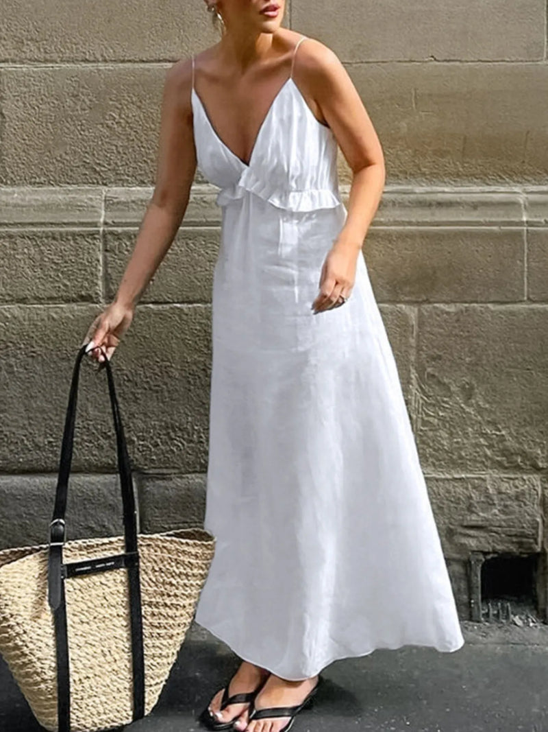 White ruffled V-neck maxi dress front view