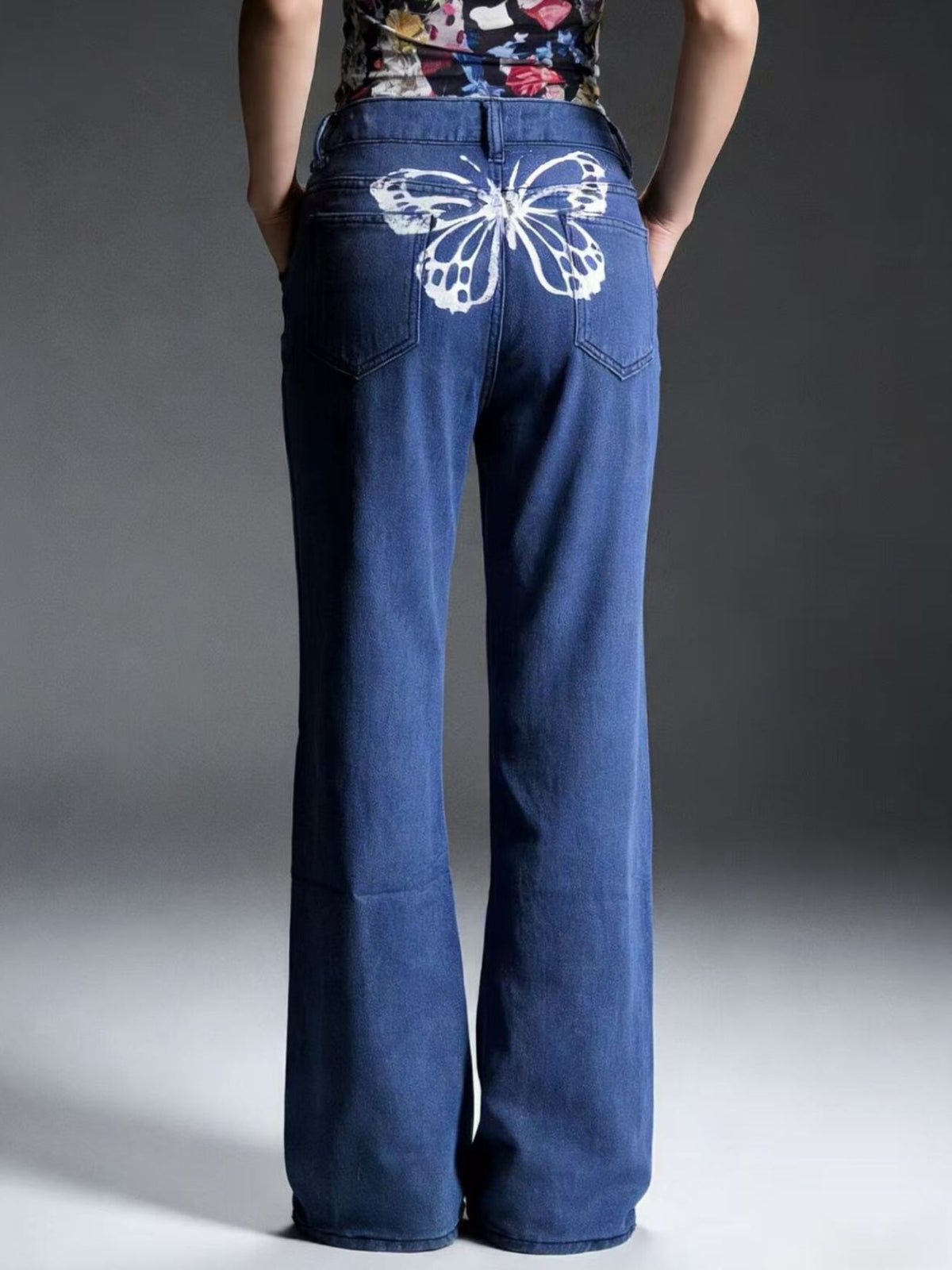 Dark blue wide leg butterfly back jeans
