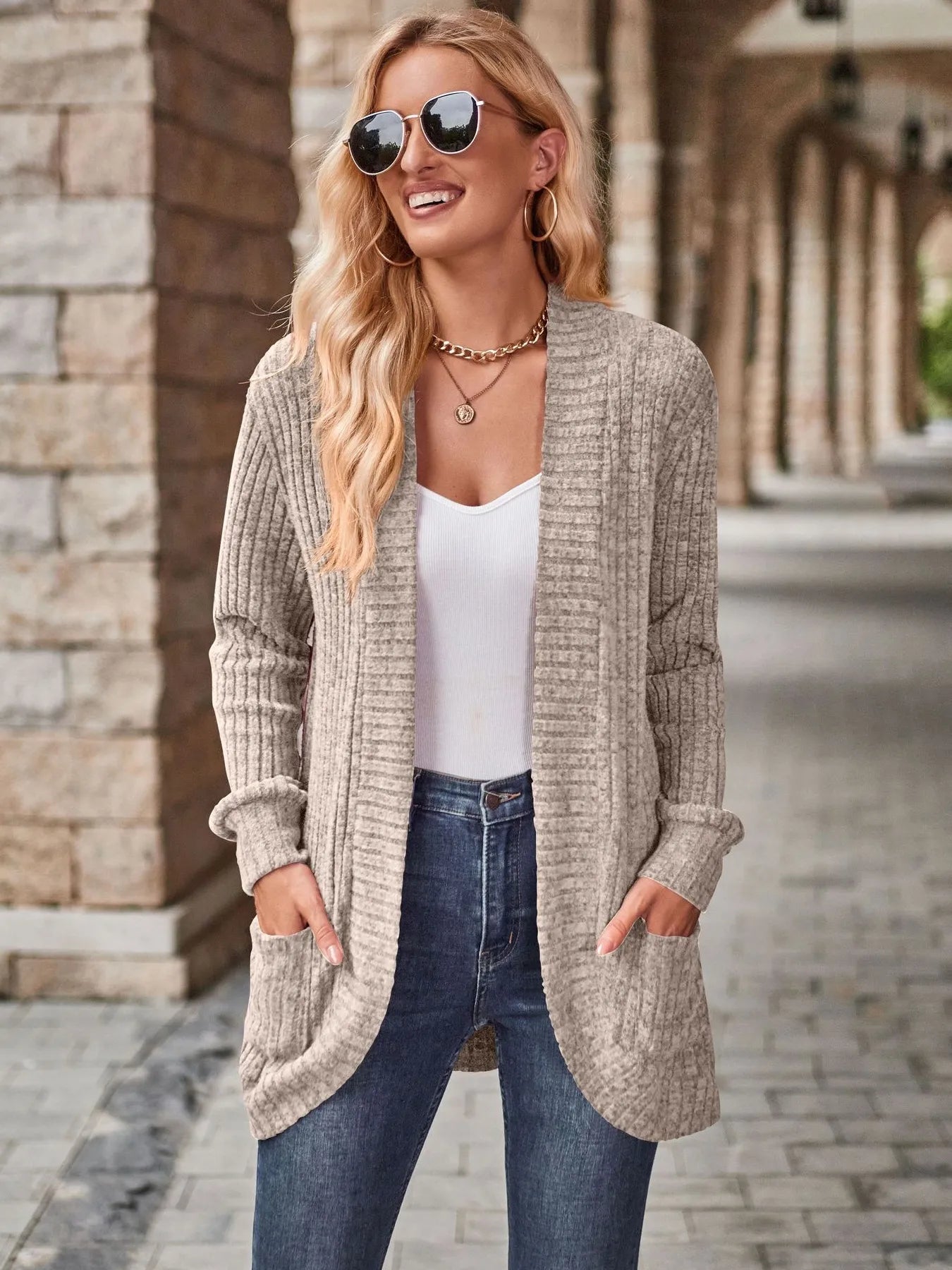Ribbed Open Front Long Cardigan with Pockets - Fashorio