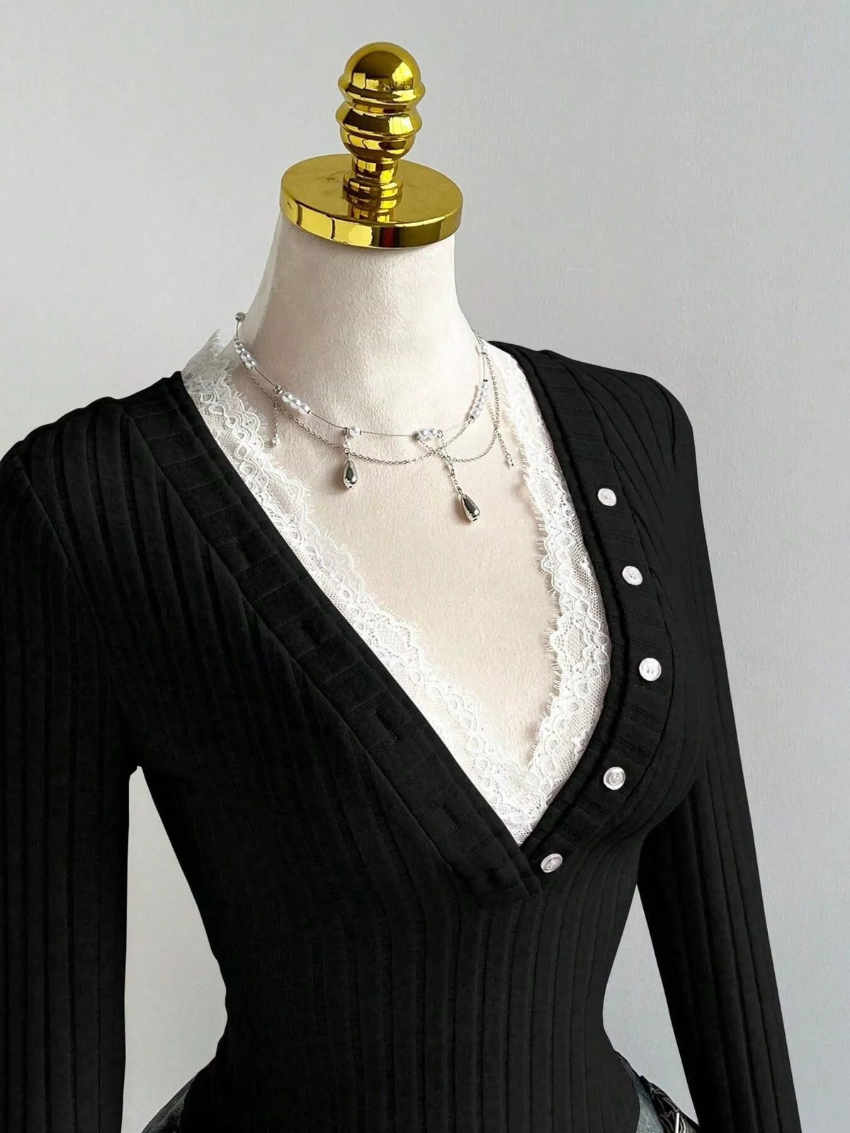 V neck ribbed knit top shown in an alternate colourway