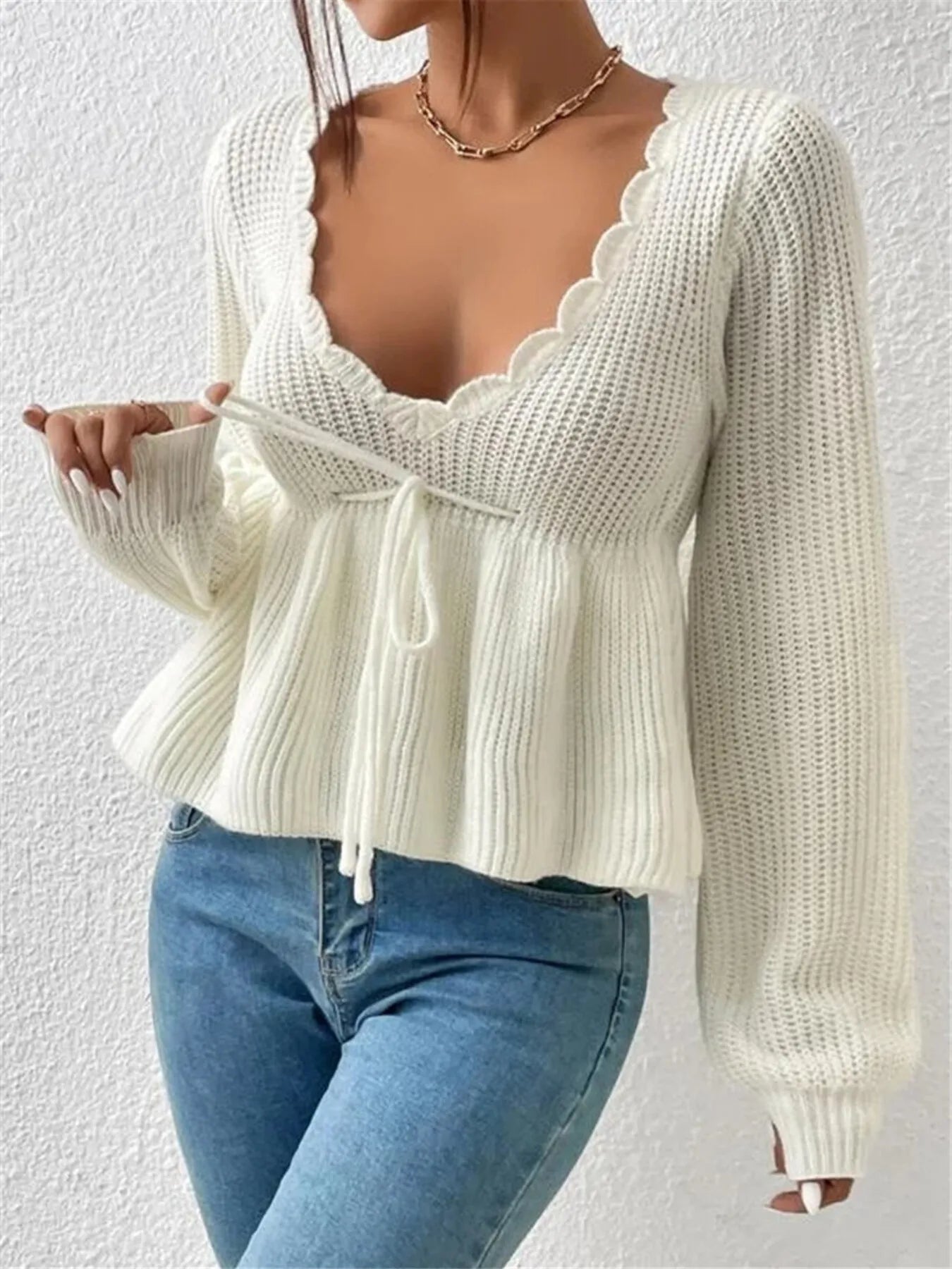Scalloped V-Neck Drawstring Knit Top - Fashorio