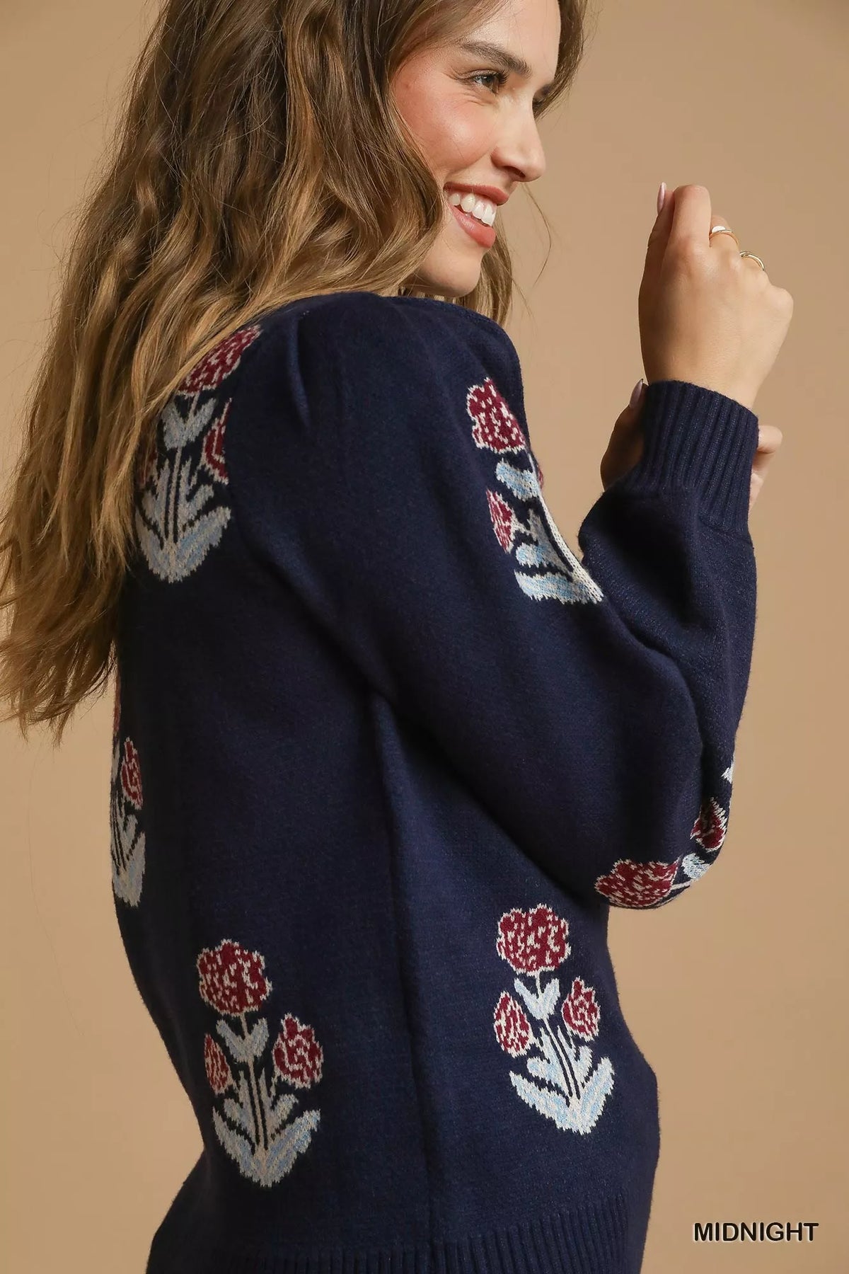 Floral Knit Puff Sleeve Sweater in Midnight Blue side view