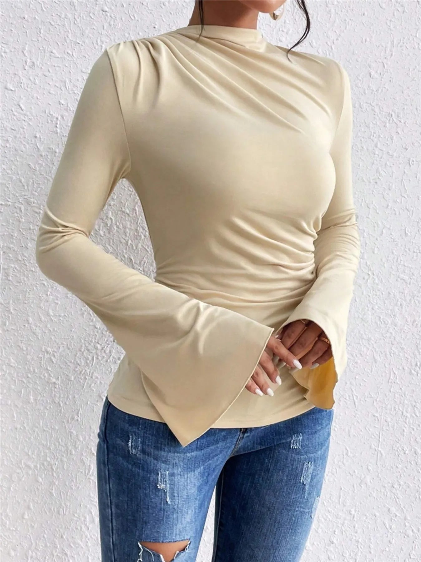 Bell Sleeve Ruched Fitted T-Shirt with Mock Neck - Fashorio