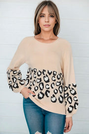 Round Neck Leopard Print Stitched Long-Sleeved Sweater Tan - Fashorio