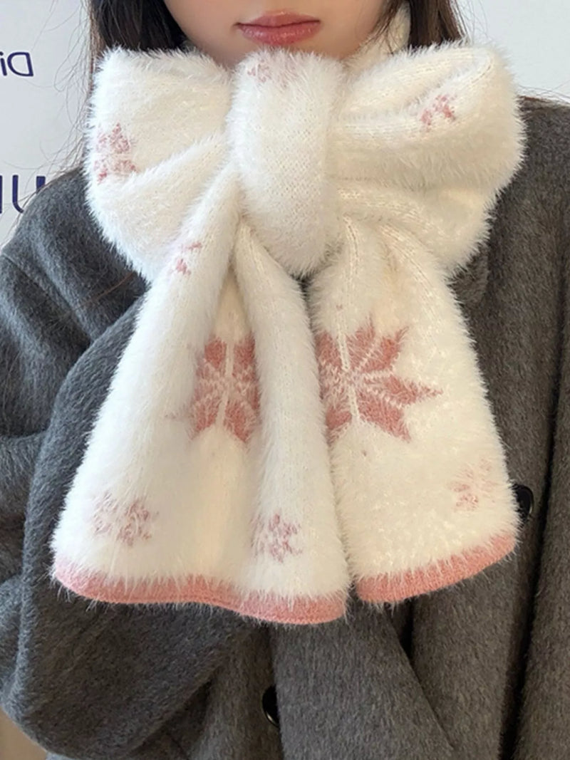 Fluffy snowflake pattern winter scarf shown at full length