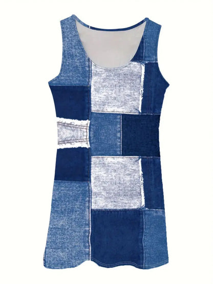 Patchwork Scoop Neck Denim Tank Dress - Fashorio