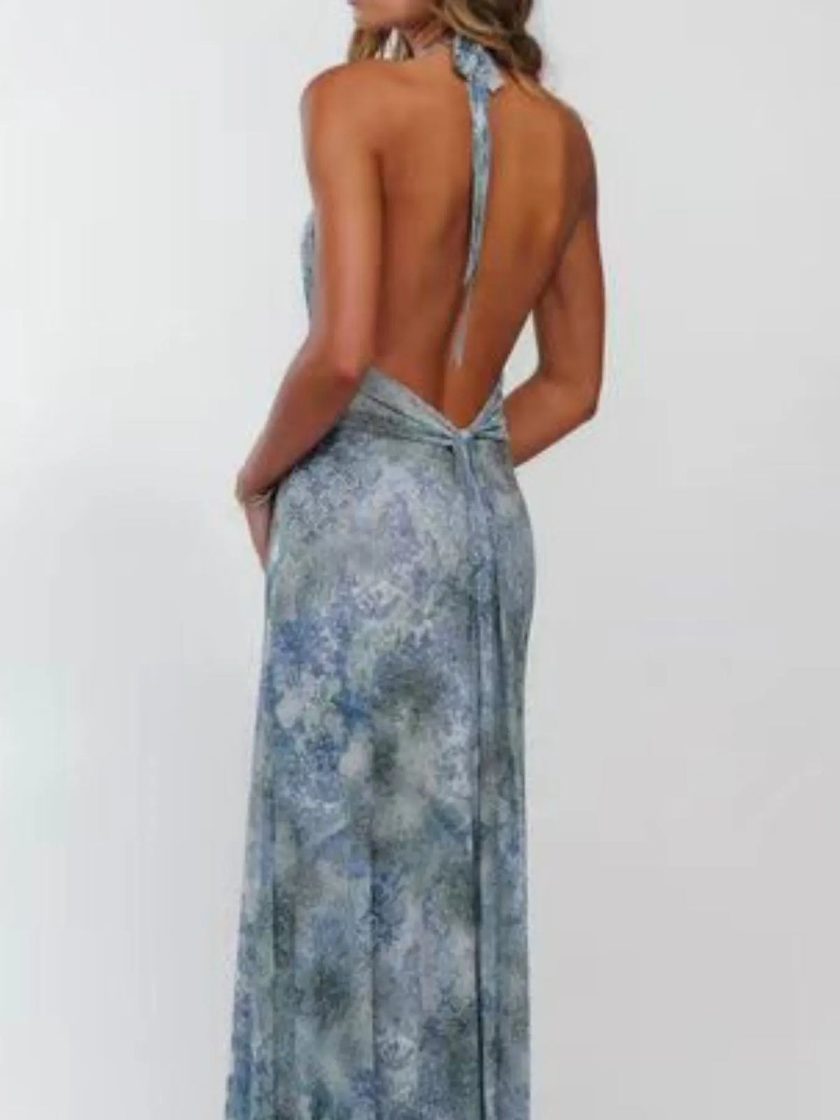 floral halter deep v maxi dress movement shot