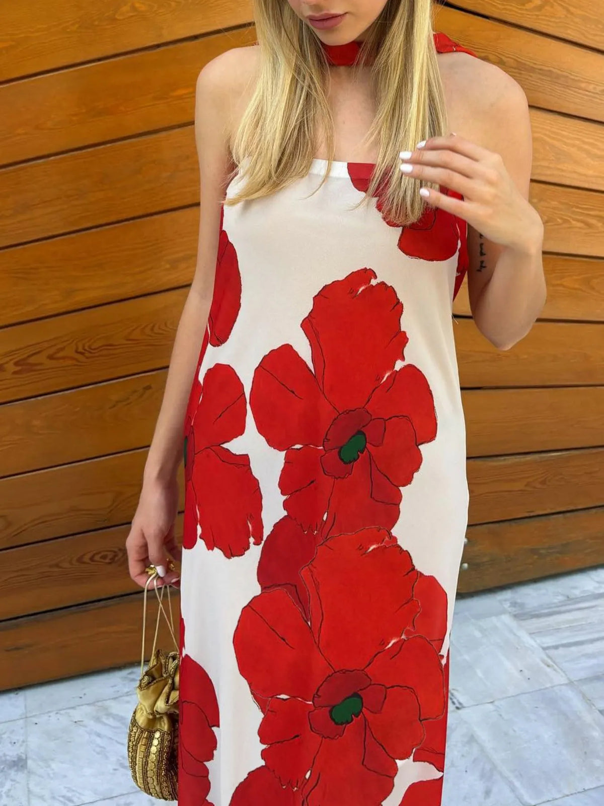 Printed tube maxi dress flat lay view