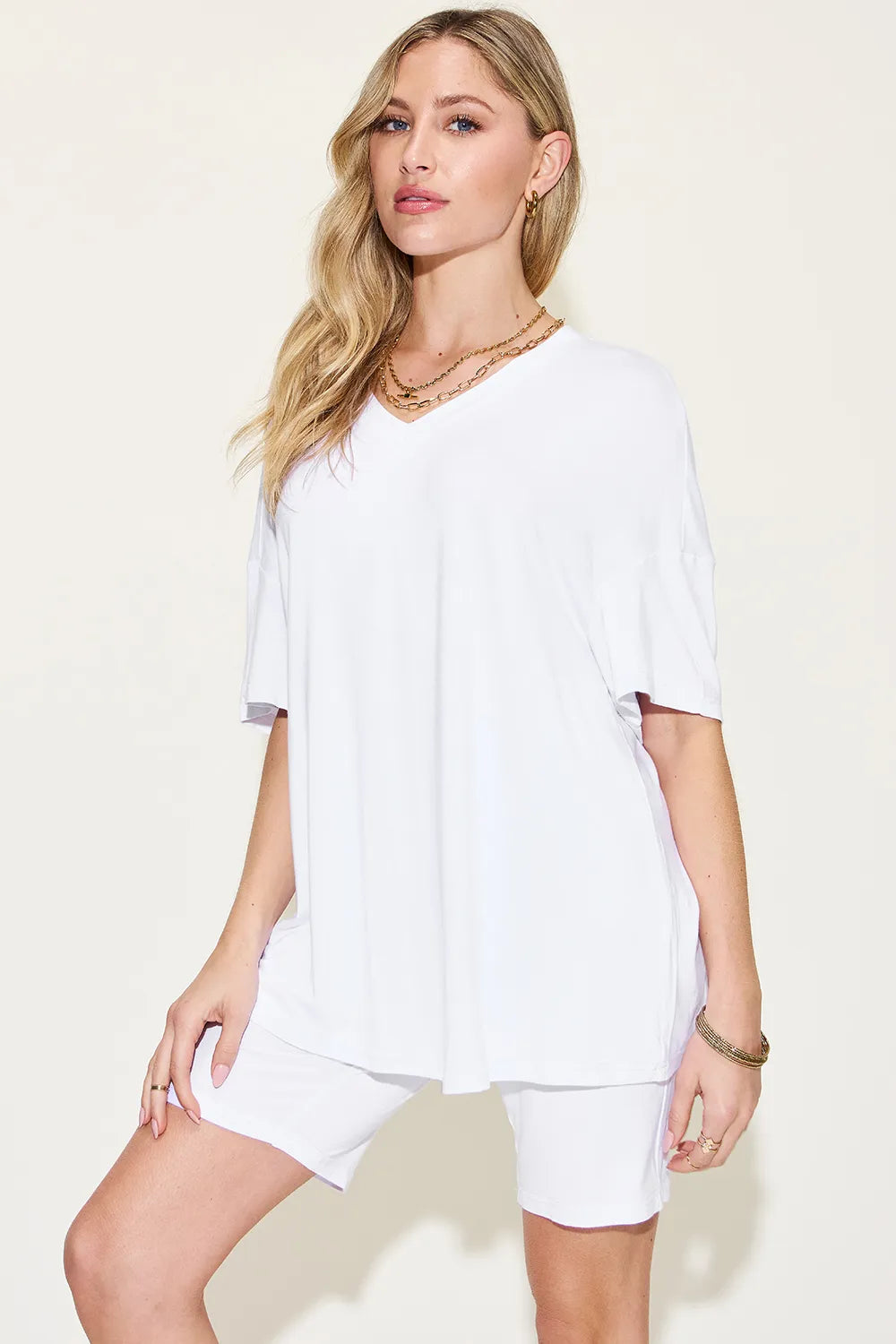 Basic Bae Full Size V-Neck Drop Shoulder T-Shirt and Shorts Set White - Fashorio