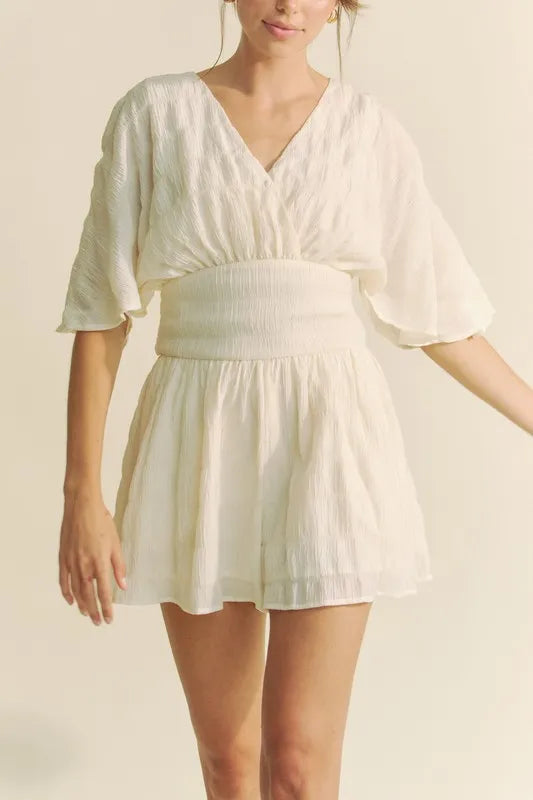 Batwing Sleeve Waist Belt Romper on model